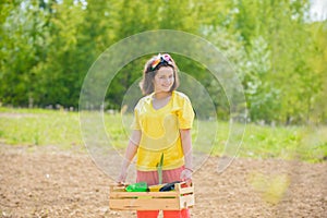 Children summer activities. Happy kids work plant and water in green spring garden.