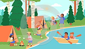 Children summer camp in forest with children flat cartoon vector illustration.