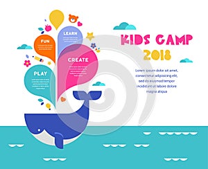Children summer camp, poster with colorful splashes and whale