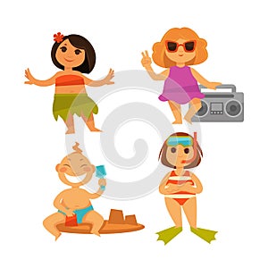 Children summer relax vector icons of kids on beach holiday