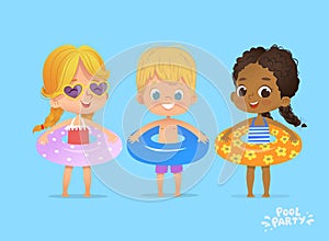 Children Summer Time on Swimming Pool Vacation. Funny Character in Lifebuoy. Kids Playing in Water. Swim Exercise