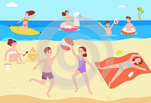 Children sunbathing beach. Kids on sunny sea landscape, baby sunbath or sunburn plying swim in summer ocean water, hot