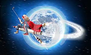 Children in superhero costumes fly in space on a rocket and shoot a selfie on a mobile phone.