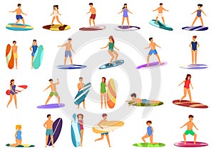 Children surfing icons set cartoon vector. Wave surfer kid