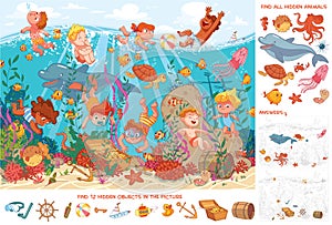 Children swim underwater with marine life. Find 10 hidden objects in the picture. Puzzle Hidden Items