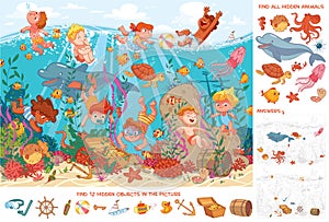 Children swim underwater with marine life. Find 10 hidden objects in the picture. Puzzle Hidden Items photo