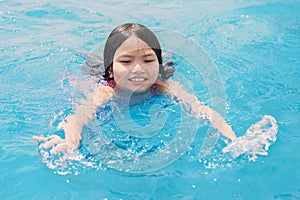 children swiming and playing in the pool with happy