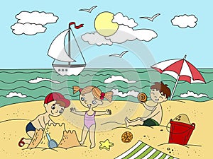 Children swimming at the beach and play with toys illustration. Sea, beach, kids, toy, bird, sand, ice cream and summer