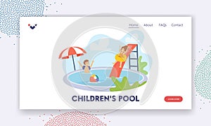 Children in Swimming Pool Landing Page Template. Boy and Girl Characters Having Fun on Summer Vacation, Kids Joy