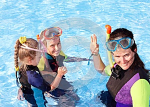 Children in swimming pool learning snorkeling.