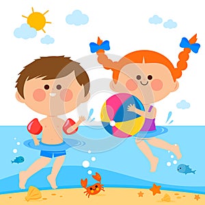 Children swimming in the sea. Vector illustration.