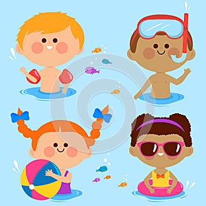 Children swimming at the sea. Vector illustration.