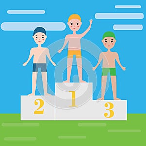 Children swimming sport team on pedestal. Boys, kids sport