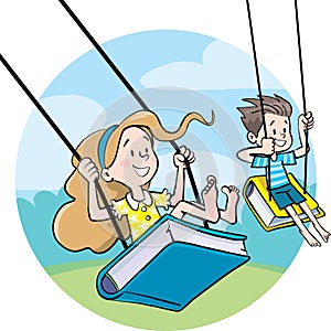 children swing on swings from books