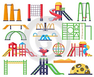 Children swings, ladders, slide outdoor fun playground. Kids recreation park carousel and sandbox vector illustration