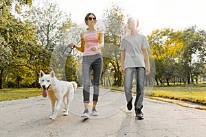 Children teenagers boy and girl walking on the road in the park with a white dog husky