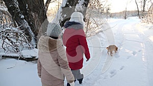 Children teens travel in winter in the park with a dog. two girls and dog and dog walk along path in winter park