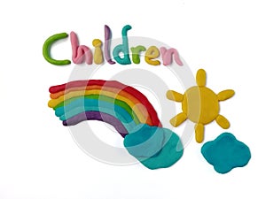 Children text plasticine clay, beautiful sky, rainbow dough, sun and cloud