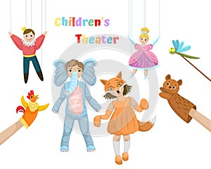 Children theater with dolls, puppets and children in dresses. Vector set illustration