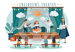 Children theater play, kids in costumes on stage, people vector illustration