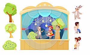 Children in Theater Play Performance Wearing Costumes Performing on Stage Vector Illustration