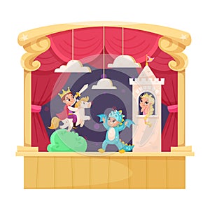 Children in Theater Play Performance Wearing Costumes Performing on Stage Vector Illustration