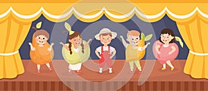 Children in Theater Play Wearing Costumes Performing on Stage Vector Illustration