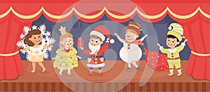 Children in Theater Play Wearing Costumes Performing on Stage Vector Illustration