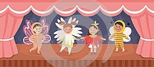 Children in Theater Play Wearing Costumes Performing on Stage Vector Illustration