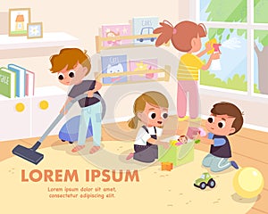 Children tidy up playroom doing household chores. photo