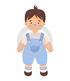 Children toy doll. Cute boy in blue overalls. Vector illustration in cartoon style. kids collection.