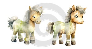 Children toy pony, watercolor clipart illustration with isolated background