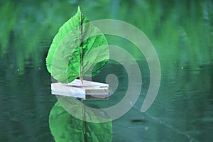 Children toy sailboat wood and leaf on the water
