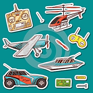 Children toys constructor. Vintage aircraft, boat, ship and car, RC transport, remote control models. Stickers for