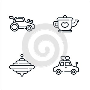 Children toys line icons. linear set. quality vector line set such as toy car, spinning top, teapot