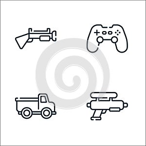 children toys line icons. linear set. quality vector line set such as water gun, toy truck, joystick