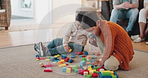 Children, toys and playing together in a family home for development, learning and bonding. Boys, siblings or kids on a