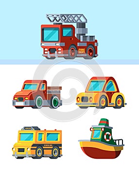 Children toys. Stylized vehicles in cartoon style different transport cars trucks boats airplane garish vector