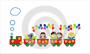 Children in train with baloons and presents