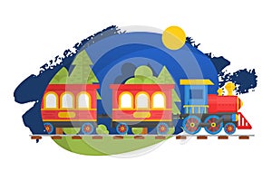 Children train on child railway, isolated on white, flat vector illustration. Realistic kid toy, green forest, woodland.