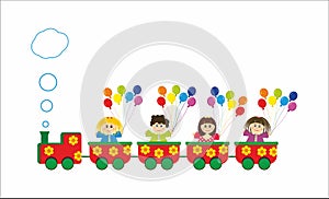 Children in train with colorful rainbow baloons