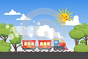 Children train ride on child railway, funny sun, green forest, cloud, flat vector illustration. Design banner, kid