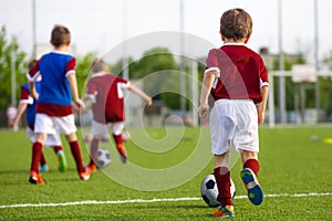 Children Training Soccer on Field. Young Kids Boys kicking Soccer Football Balls on Grass Pitch