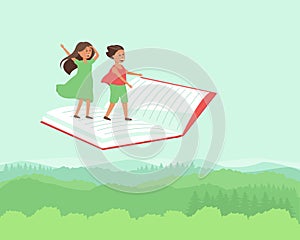 Children travel flying on the book