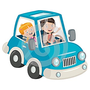 Children Travelling With A Funny Car