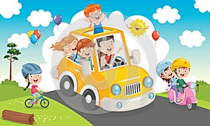 Children Travelling With A Funny Car