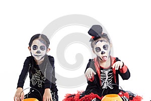Children trick or treating on white background