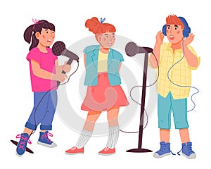 Children trio singing. Kids characters for vocal or music classes, flat vector.