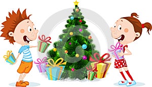 Children under the Christmas Tree Unwrap Gifts - vector illustration