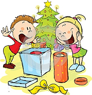 Children under the Christmas tree unwrap gifts